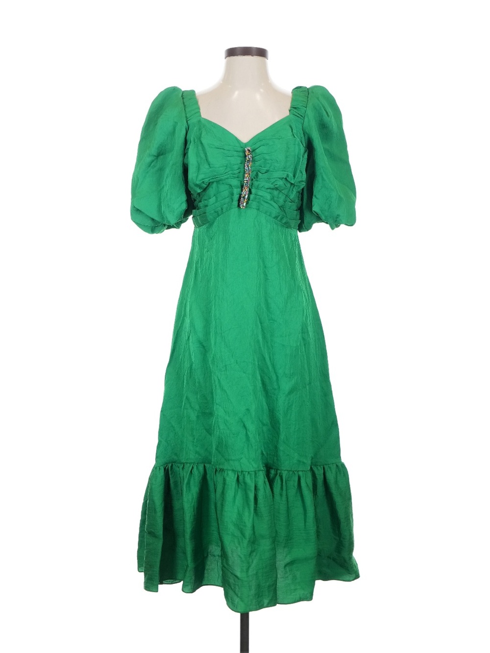 Sandro Emerald Green Puff Sleeve Midi Dress with Center Trim